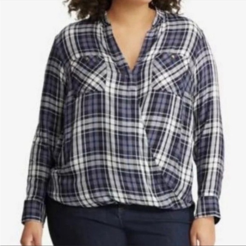 LAUREN RALPH LAUREN FAUX WRAP PLAID SHIRT SIZE MEDIUM